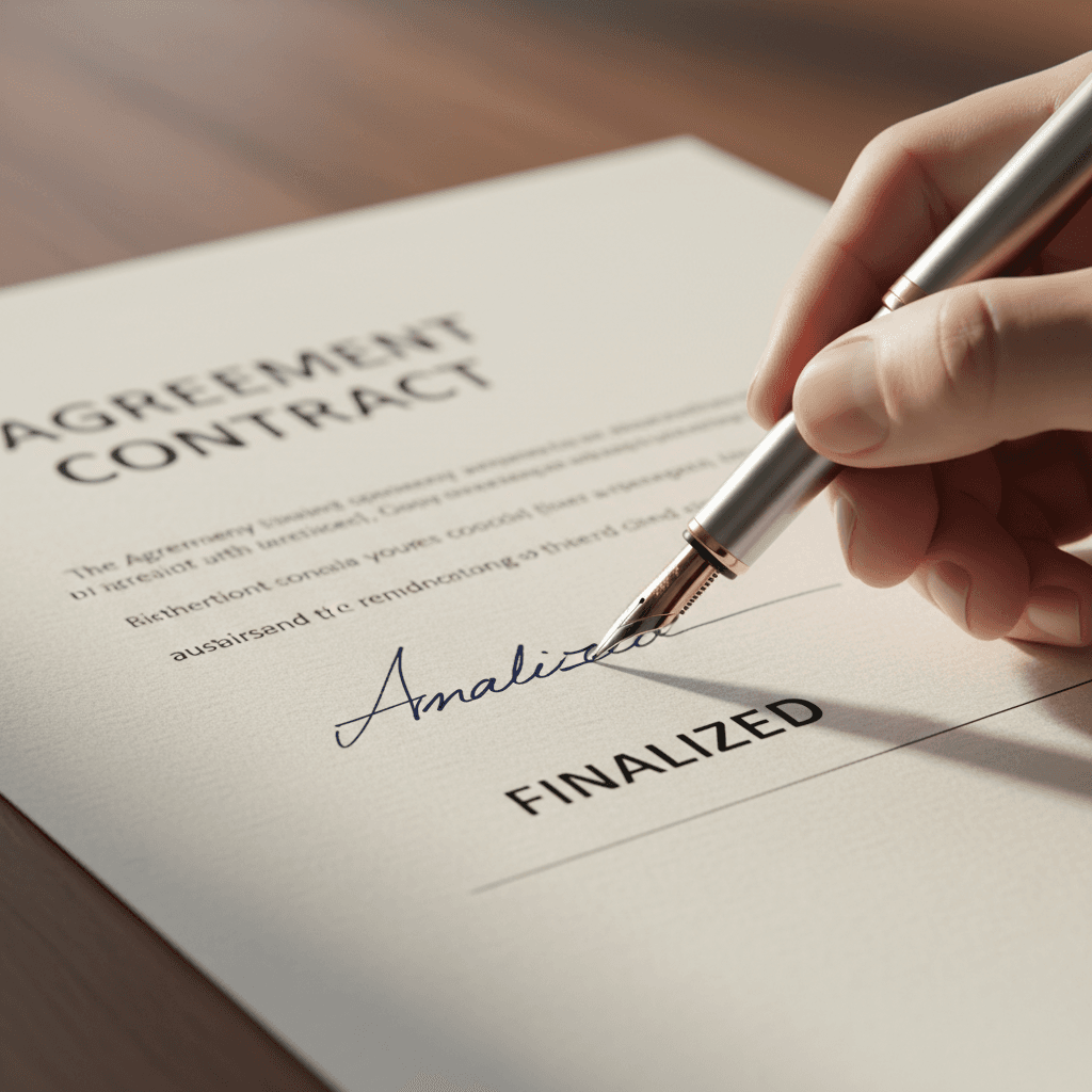 Hand signing a distribution contract on a wooden desk
