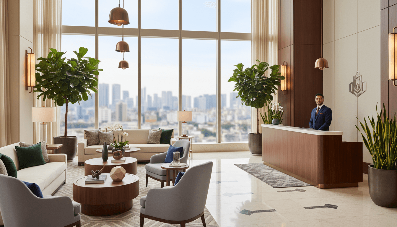 Modern hotel lobby with laptop and key card on reception desk