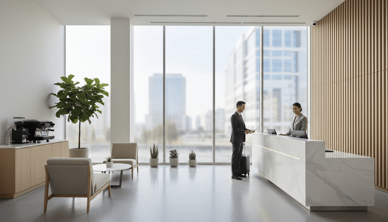 Elegant hotel lobby with reception desk and laptop showing booking interface