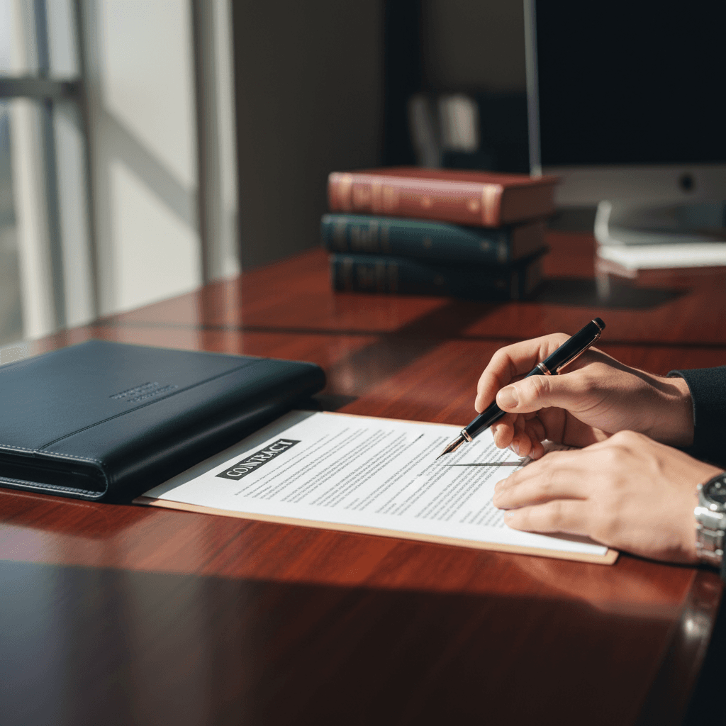 Contract and smartphone with booking confirmation on wooden desk