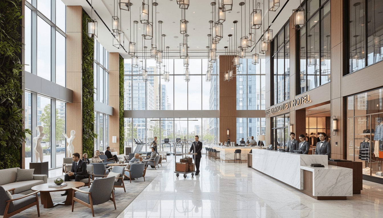 Modern European hotel lobby with marble desk and natural light