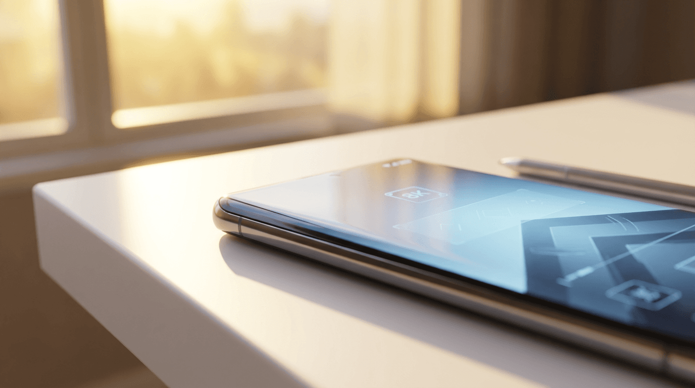 Smartphone showing revenue performance dashboard on a desk