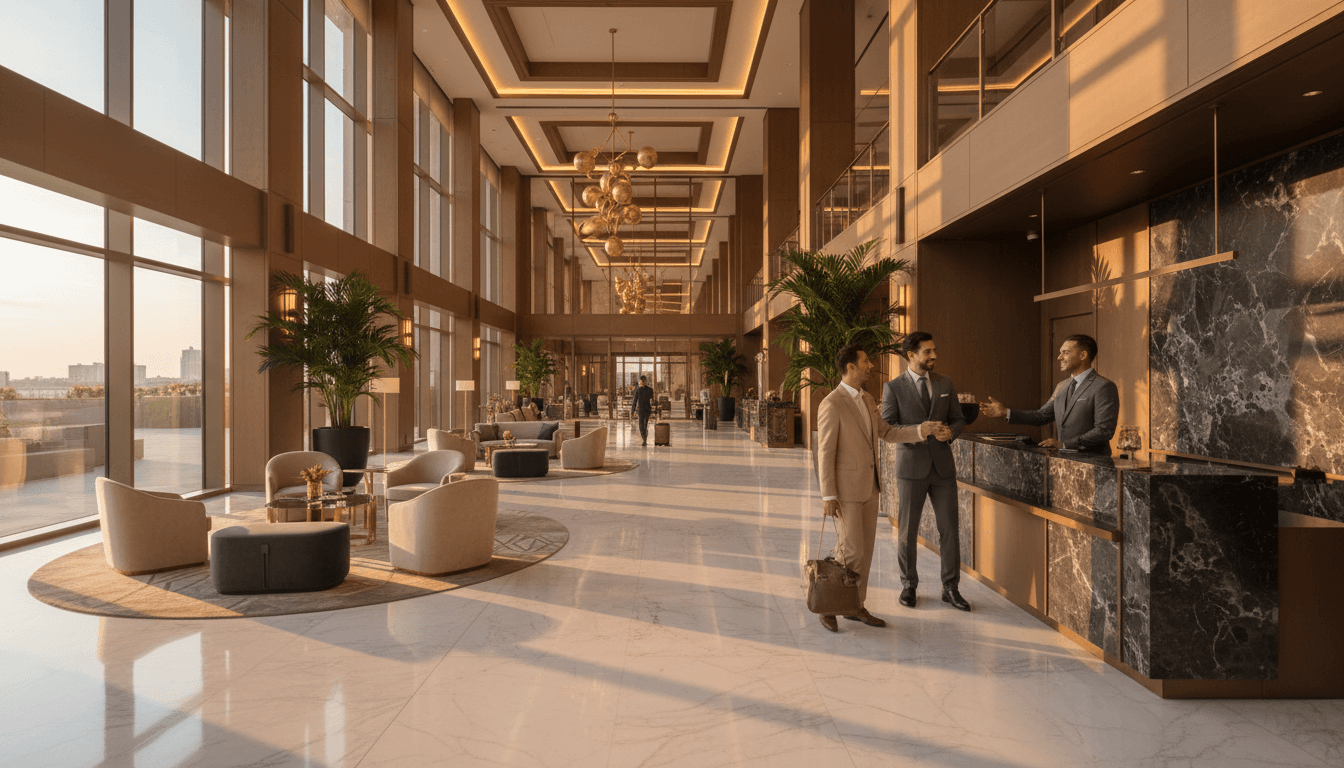 Luxury hotel lobby with guests at reception desk
